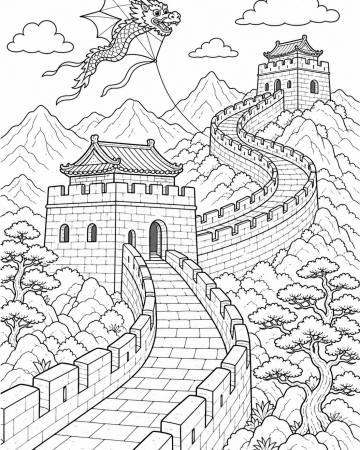 Coloriage Grande Muraille de Chine - monument détaillé à imprimer