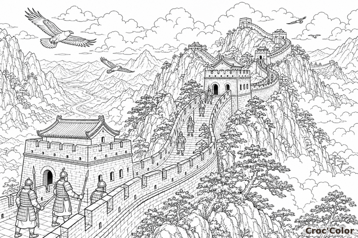 Coloriage Grande Muraille de Chine - Dessin Paysage Épique et Soldats Anciens à Imprimer Gratuit