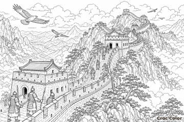 Coloriage Grande Muraille de Chine - Dessin Paysage Épique et Soldats Anciens à Imprimer Gratuit