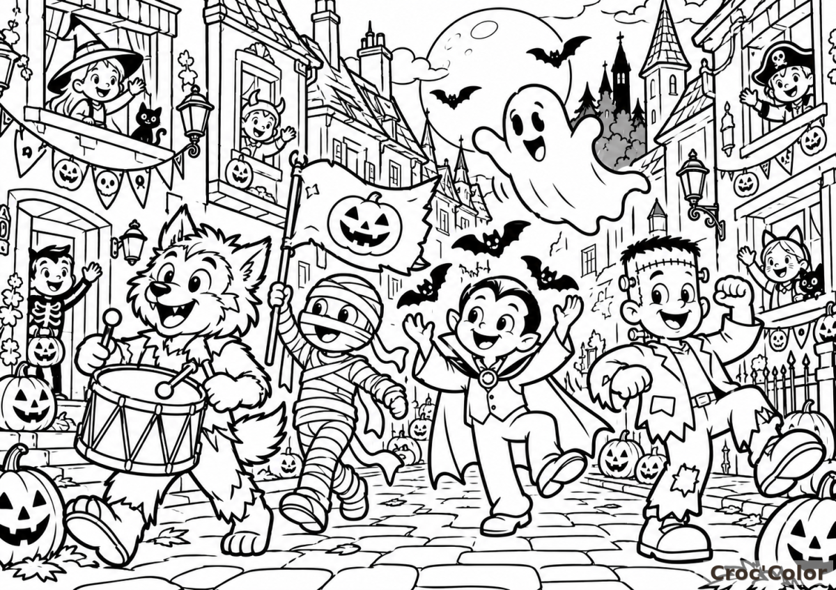 Coloriage Grande Parade d'Halloween Difficile - Dessin Défilé de Monstres, Vampire, Frankenstein, Loup-Garou, Momie et Fantôme à Imprimer Gratuit