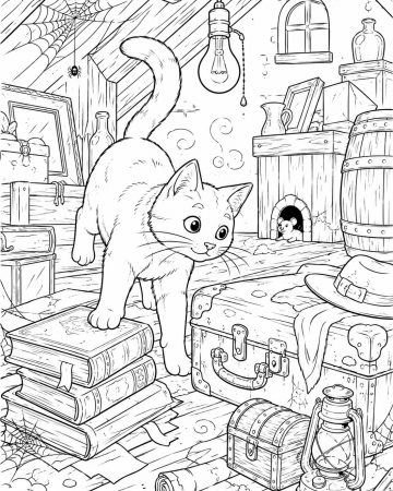 Coloriage Grenier Mystérieux Difficile - Dessin Chat et Objets Anciens Adulte à Imprimer Gratuit