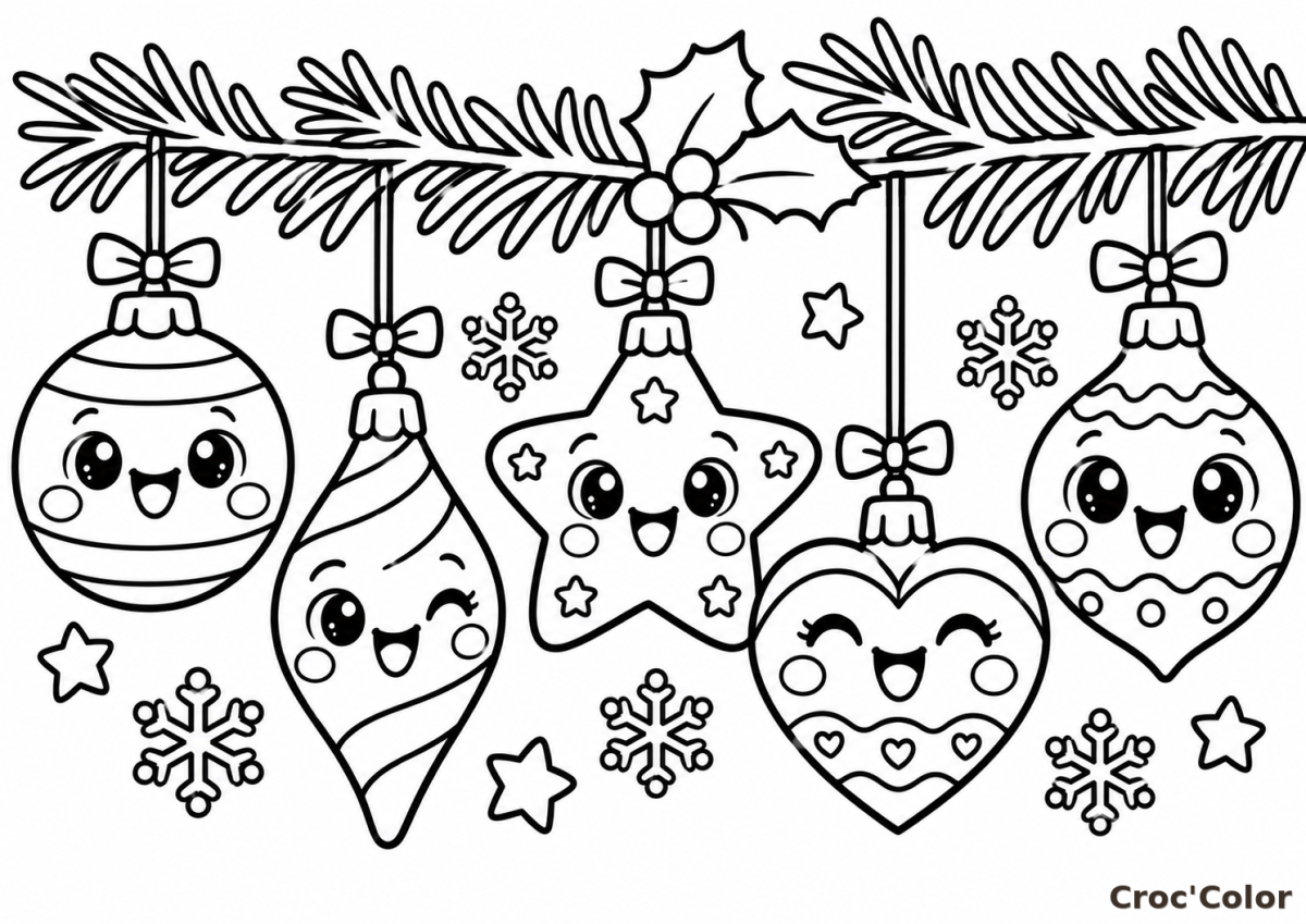 Coloriage Guirlande de Boules de Noël Kawaii Facile - Dessin Décorations de Sapin Souriantes, Étoile, Cœur et Flocons à Imprimer Gratuit