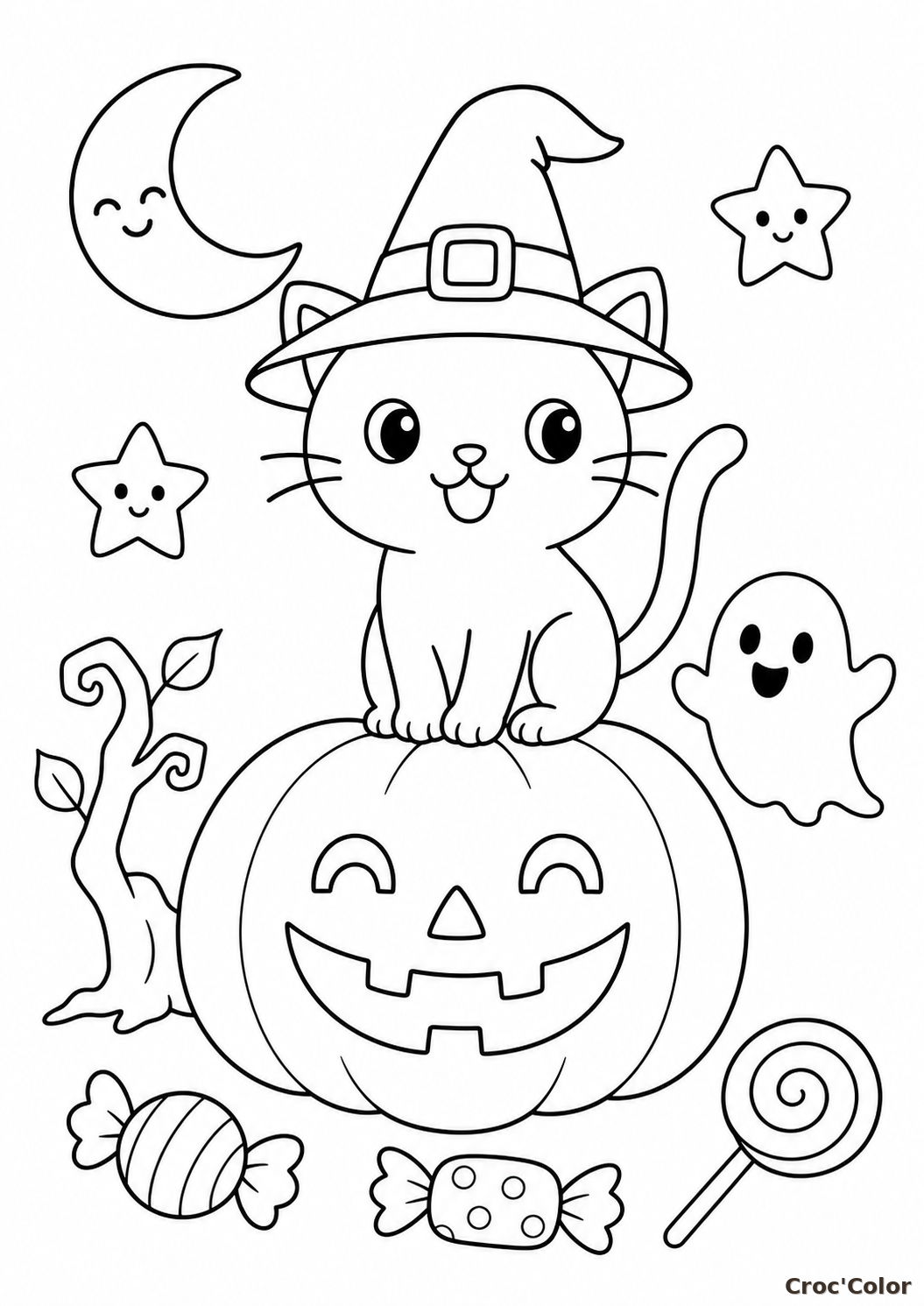 Coloriage Halloween Chat Sorcier et Citrouille Mignonne à Imprimer