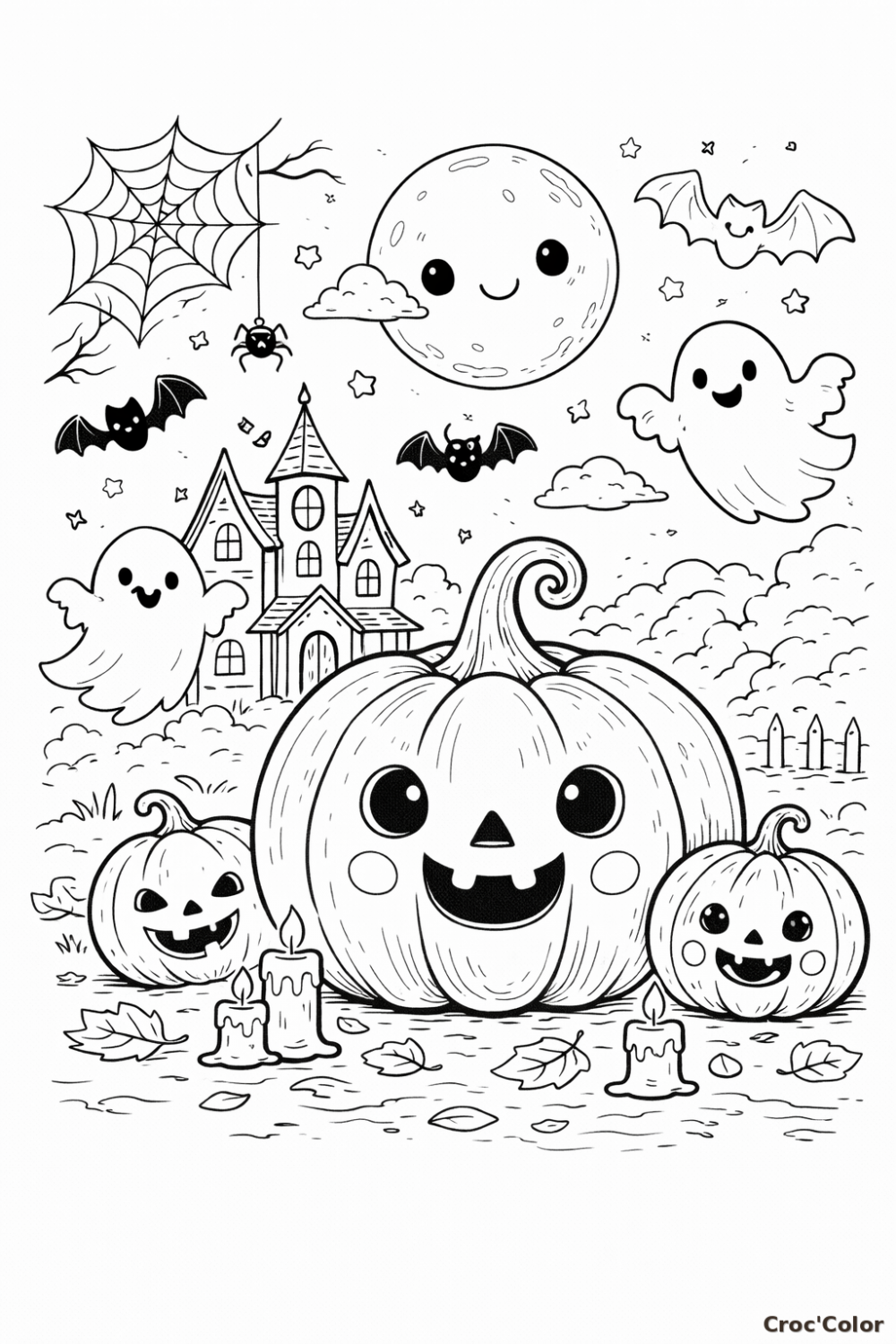 Coloriage Halloween Kawaii : Citrouilles, Fantômes et Manoir Hanté - Gratuit