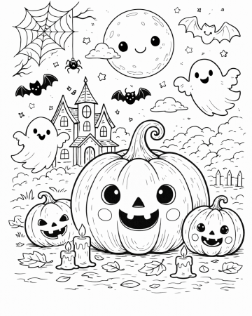 Coloriage Halloween Kawaii : Citrouilles, Fantômes et Manoir Hanté - Gratuit