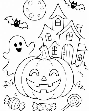 Coloriage Halloween Facile : Citrouille, Fantôme et Bonbons - Dessin à Imprimer