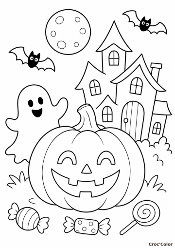 Coloriage Halloween Facile : Citrouille, Fantôme et Bonbons - Dessin à Imprimer