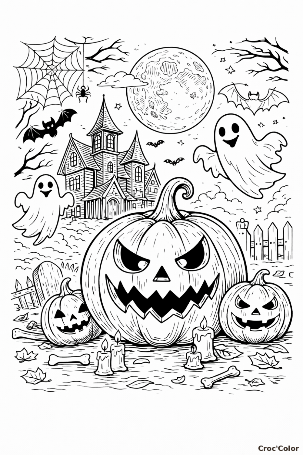 Coloriage Halloween Maison Hantée et Citrouilles Maléfiques à Imprimer