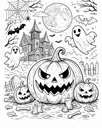 Coloriage Halloween Maison Hantée et Citrouilles Maléfiques à Imprimer