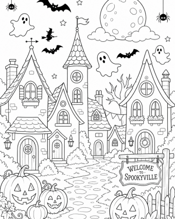 Coloriage Village d'Halloween Spookyville - Dessin Citrouilles et Fantômes à Imprimer Gratuit