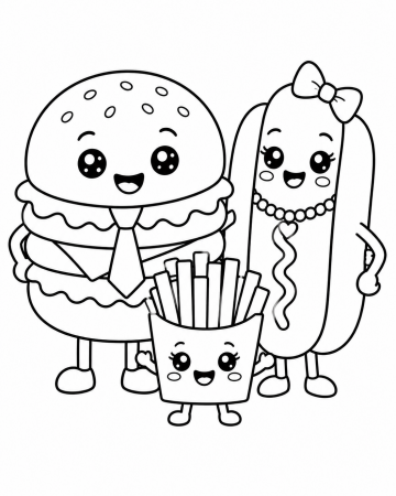 Coloriage Hamburger et Frites Kawaii - Dessin Fast-Food Mignon Maternelle à Imprimer Gratuit