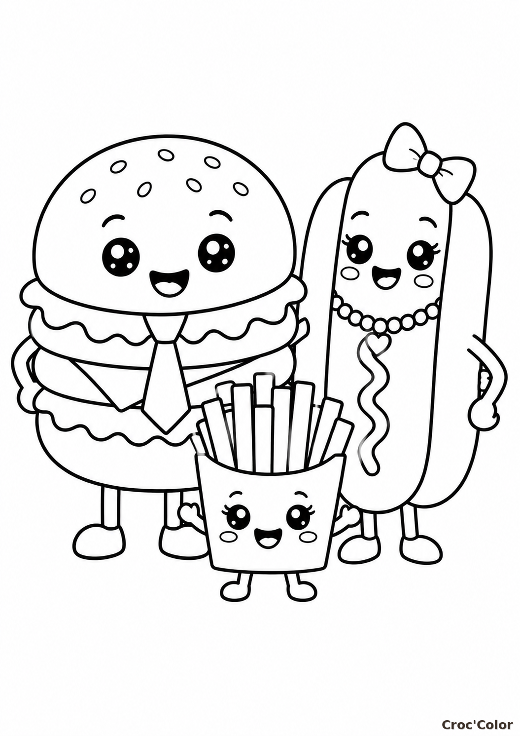 Coloriage Hamburger et Frites Kawaii - Dessin Fast-Food Mignon Maternelle à Imprimer Gratuit