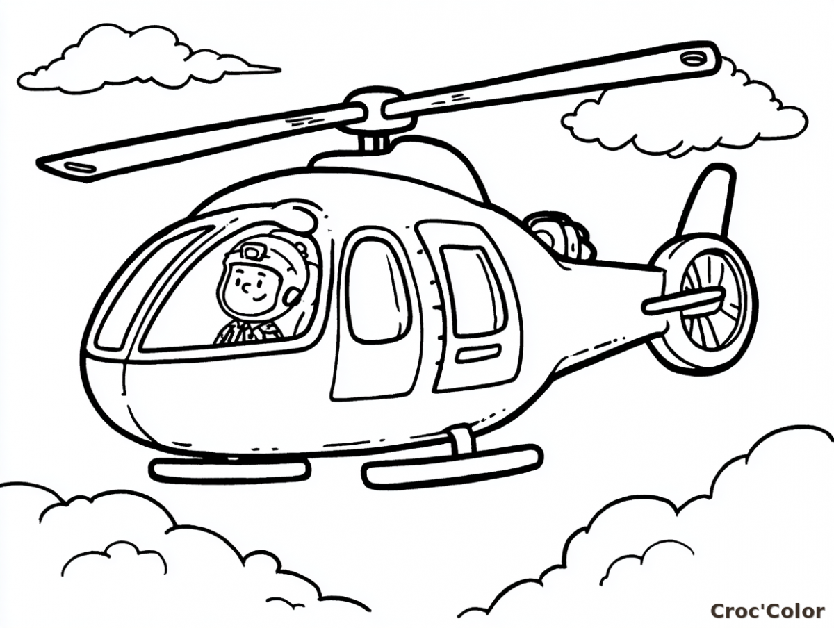 Coloriage Hélicoptère Facile Maternelle - Dessin Hélicoptère dans le Ciel à Imprimer Gratuit