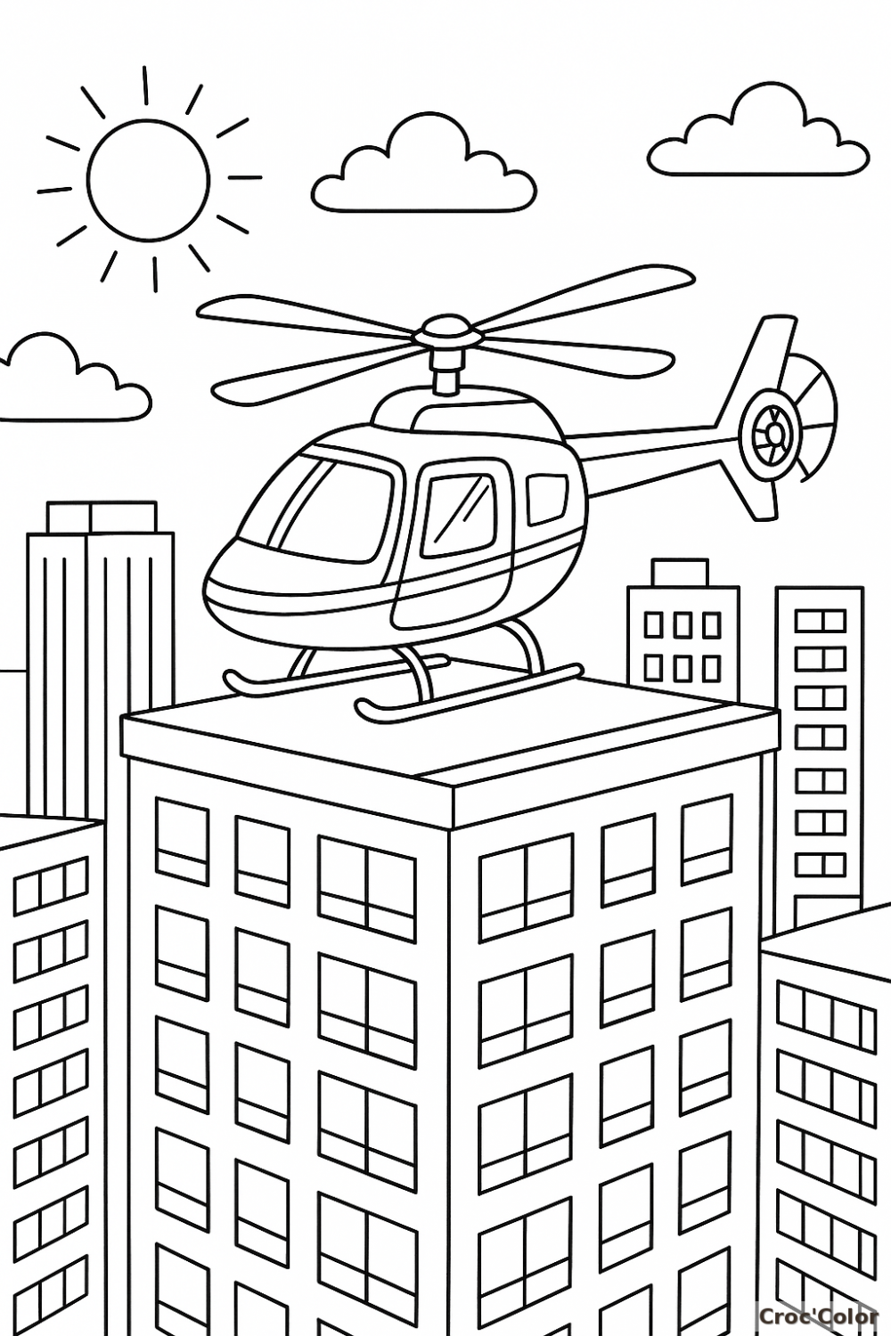 Coloriage Hélicoptère Facile - Dessin Ville et Hélicoptère sur le Toit à Imprimer Gratuit