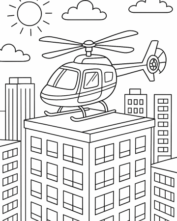 Coloriage Hélicoptère Facile - Dessin Ville et Hélicoptère sur le Toit à Imprimer Gratuit