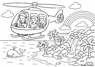 Coloriage Hélicoptère et Île Tropicale - Dessin Hélicoptère, Baleine, Cascade, Arc-en-ciel et Palmiers à Imprimer Gratuit
