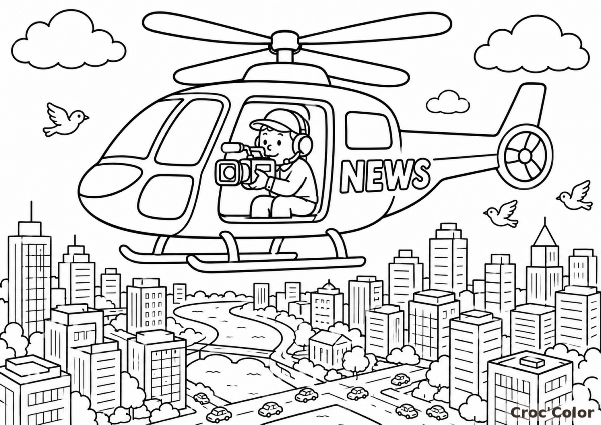 Coloriage Hélicoptère Journal Télévisé - Dessin Caméraman de l'Information en Ville à Imprimer Gratuit