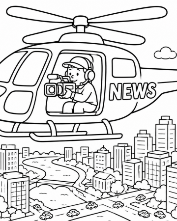 Coloriage Hélicoptère Journal Télévisé - Dessin Caméraman de l'Information en Ville à Imprimer Gratuit