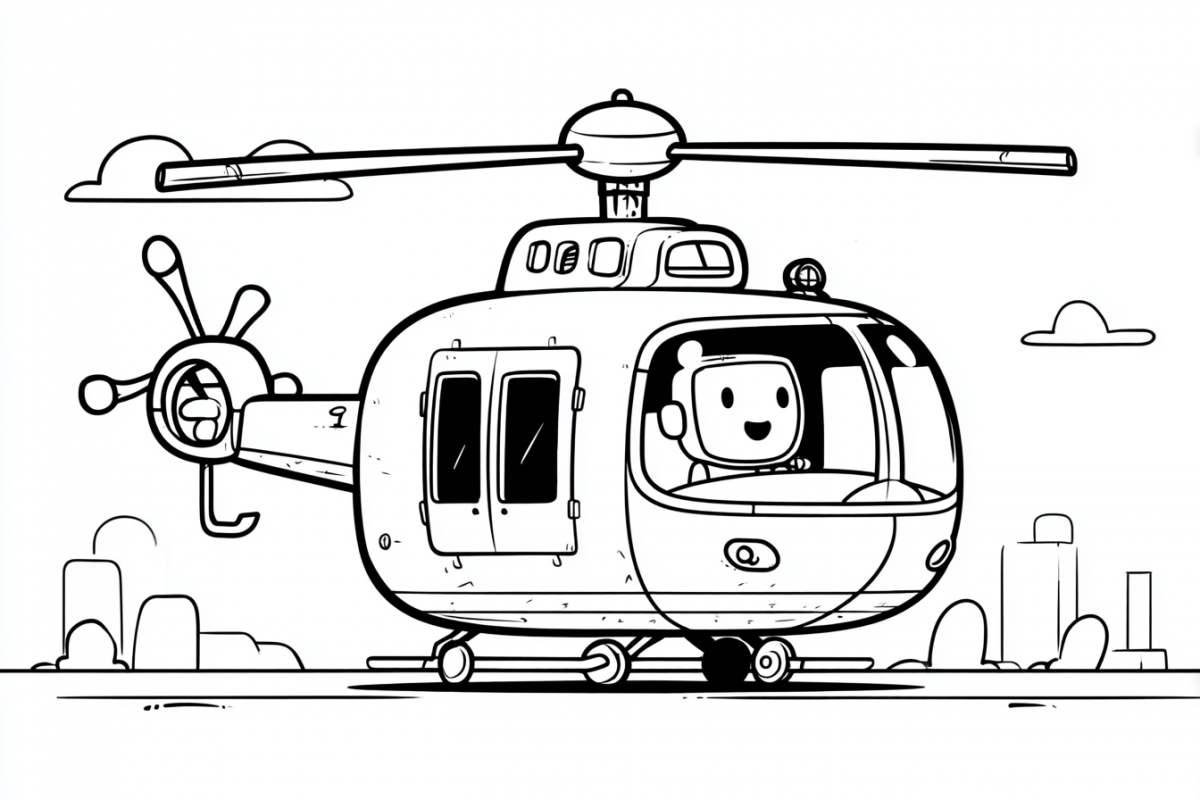 Coloriage Hélicoptère Maternelle Facile - Dessin Hélicoptère en Ville à Imprimer Gratuit
