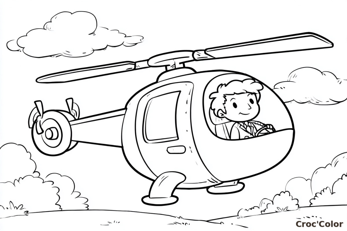 Coloriage Hélicoptère Maternelle Facile - Dessin Hélicoptère et Pilote Cartoon à Imprimer Gratuit