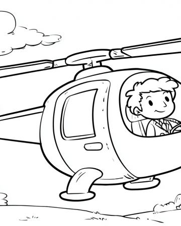 Coloriage Hélicoptère Maternelle Facile - Dessin Hélicoptère et Pilote Cartoon à Imprimer Gratuit