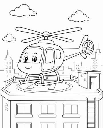 Coloriage Hélicoptère Rigolo sur un Héliport - Dessin de Transport à Imprimer