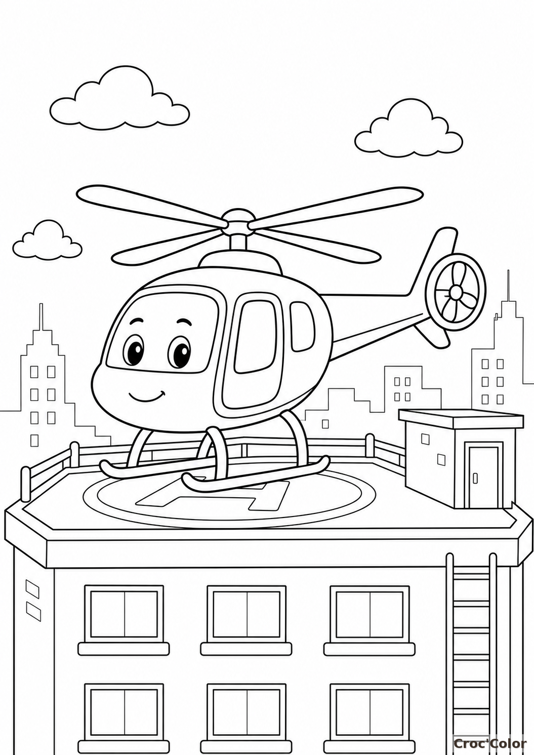 Coloriage Hélicoptère Rigolo sur un Héliport - Dessin de Transport à Imprimer