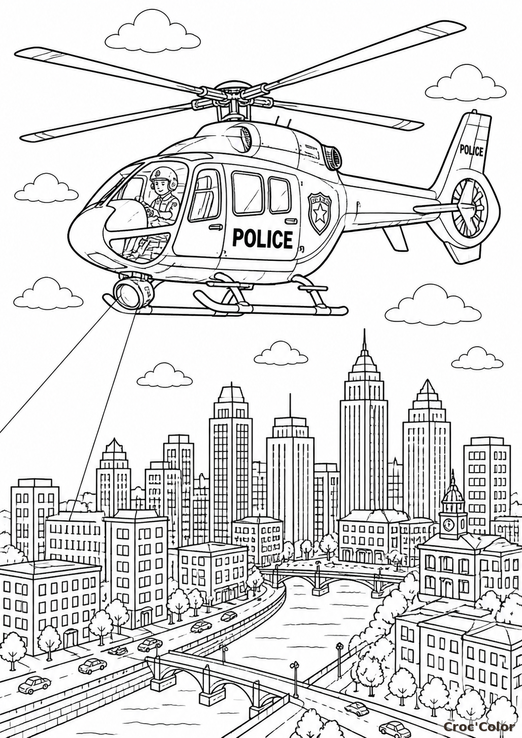 Coloriage Hélicoptère de Police au-dessus de la Ville - Dessin Ville à Imprimer