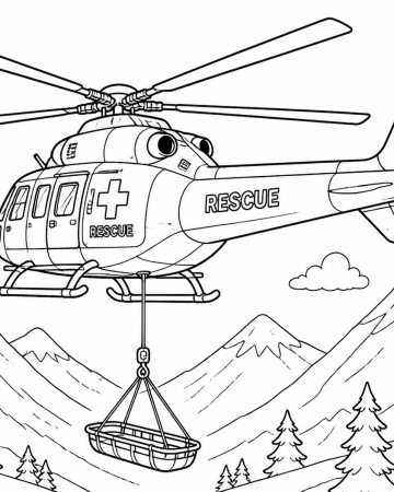 Coloriage Hélicoptère de Sauvetage Montagne - Dessin Ambulance du Ciel à Imprimer