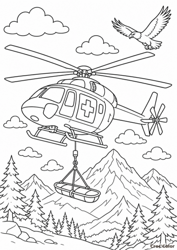 Coloriage hélicoptère de secours - montagne à imprimer