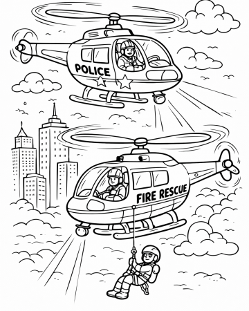 Coloriage Hélicoptère de Secours et Police - Dessin Mission de Sauvetage à Imprimer Gratuit