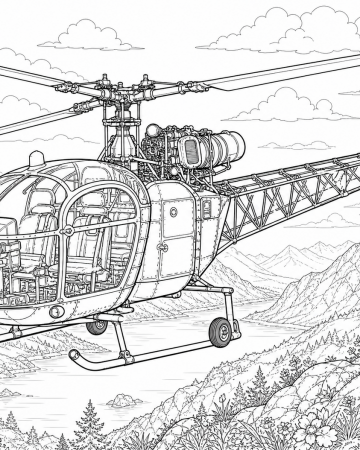 Coloriage Hélicoptère de Montagne Réaliste - Dessin Technique à Imprimer