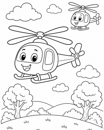 Coloriage Hélicoptères Rigolos en Plein Vol - Dessin de Transport à Imprimer
