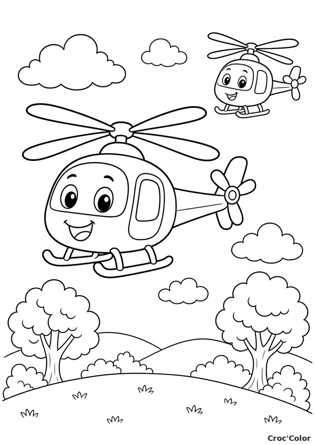 Coloriage Hélicoptères Rigolos en Plein Vol - Dessin de Transport à Imprimer
