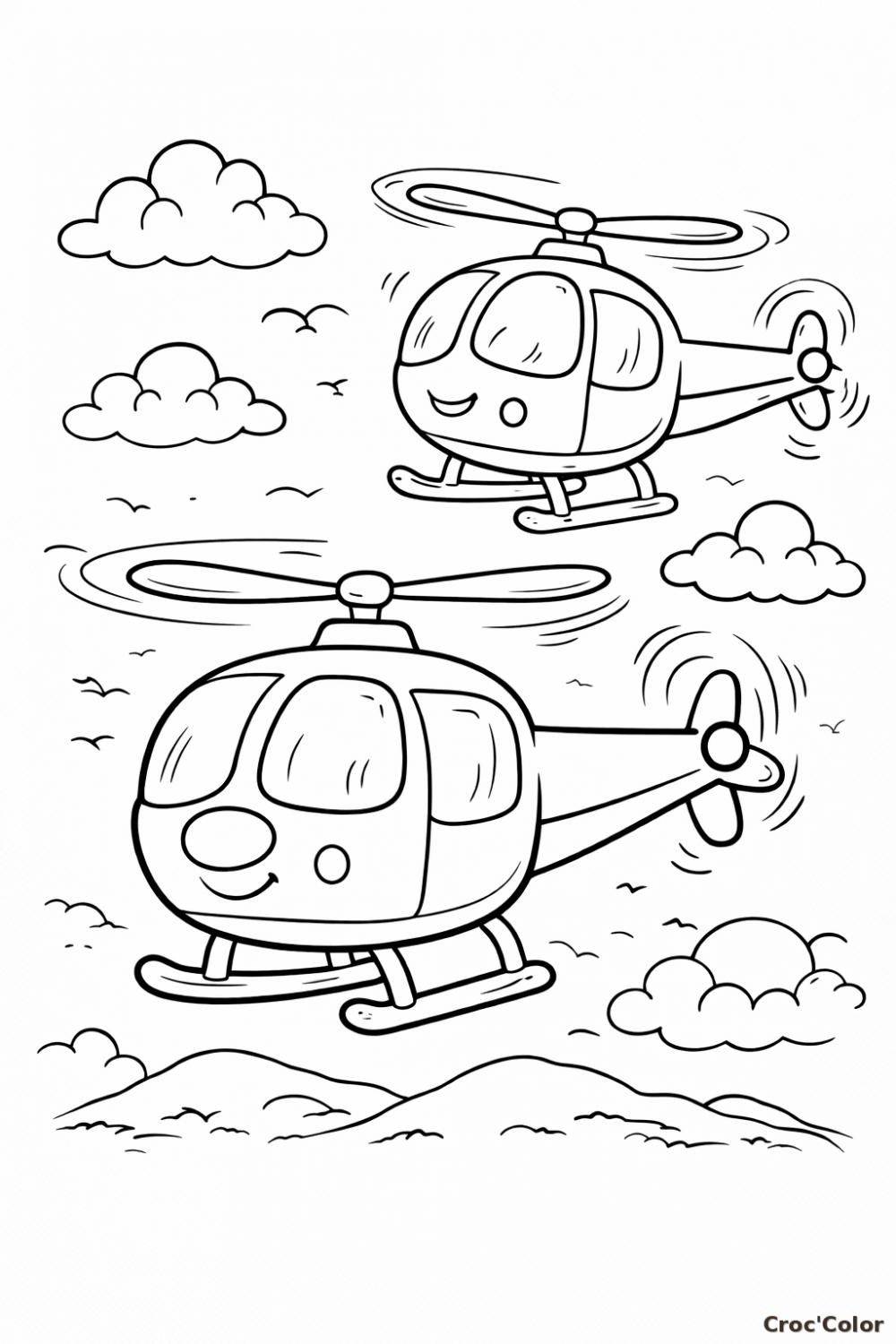 Coloriage Deux Hélicoptères Rigolos en Plein Vol - Dessin Enfant à Imprimer