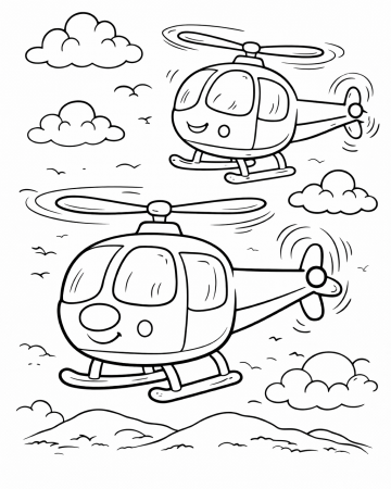 Coloriage Deux Hélicoptères Rigolos en Plein Vol - Dessin Enfant à Imprimer