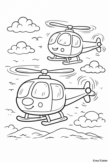 Coloriage Deux Hélicoptères Rigolos en Plein Vol - Dessin Enfant à Imprimer