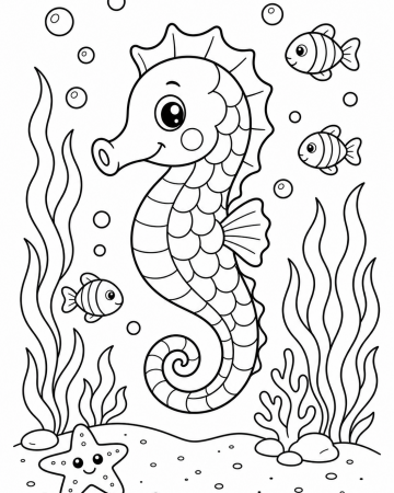 Coloriage hippocampe sous la mer - Dessin marin à imprimer