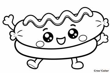 Coloriage Hot-Dog Rigolo Kawaii Facile – Dessin Saucisse Souriante, Moutarde et Pain à Imprimer Gratuit