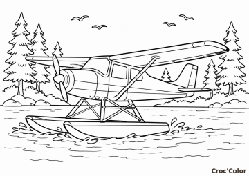 Coloriage Hydravion Facile - Dessin Avion sur l'Eau et Forêt à Imprimer Gratuit