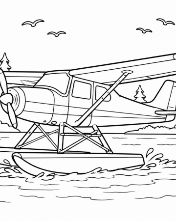 Coloriage Hydravion Facile - Dessin Avion sur l'Eau et Forêt à Imprimer Gratuit