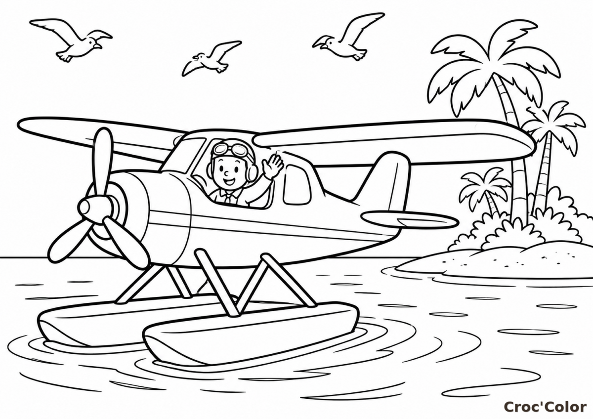 Coloriage Hydravion et Île Tropicale - Dessin Avion de Mer et Petit Pilote à Imprimer Gratuit