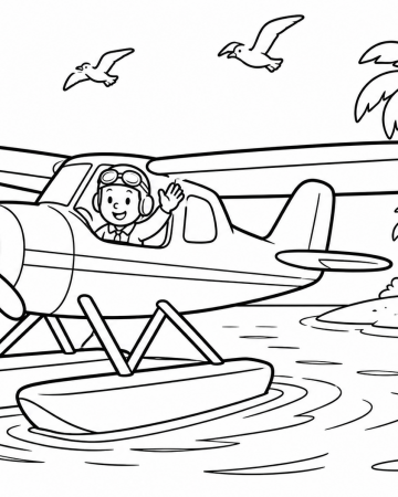 Coloriage Hydravion et Île Tropicale - Dessin Avion de Mer et Petit Pilote à Imprimer Gratuit
