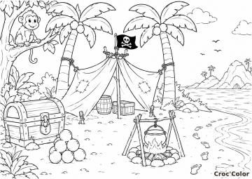 Coloriage Île au Trésor Pirate - Dessin Campement de Pirate sur la Plage à Imprimer Gratuit