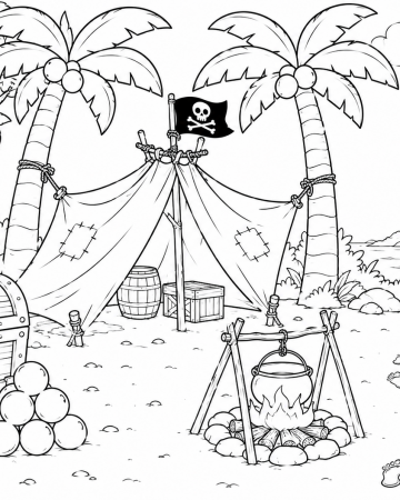 Coloriage Île au Trésor Pirate - Dessin Campement de Pirate sur la Plage à Imprimer Gratuit