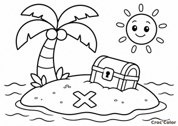 Coloriage Île au Trésor Facile Maternelle - Dessin Coffre et Palmier à Imprimer Gratuit