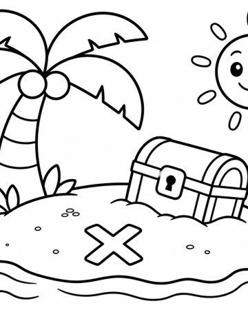 Coloriage Île au Trésor Facile Maternelle - Dessin Coffre et Palmier à Imprimer Gratuit