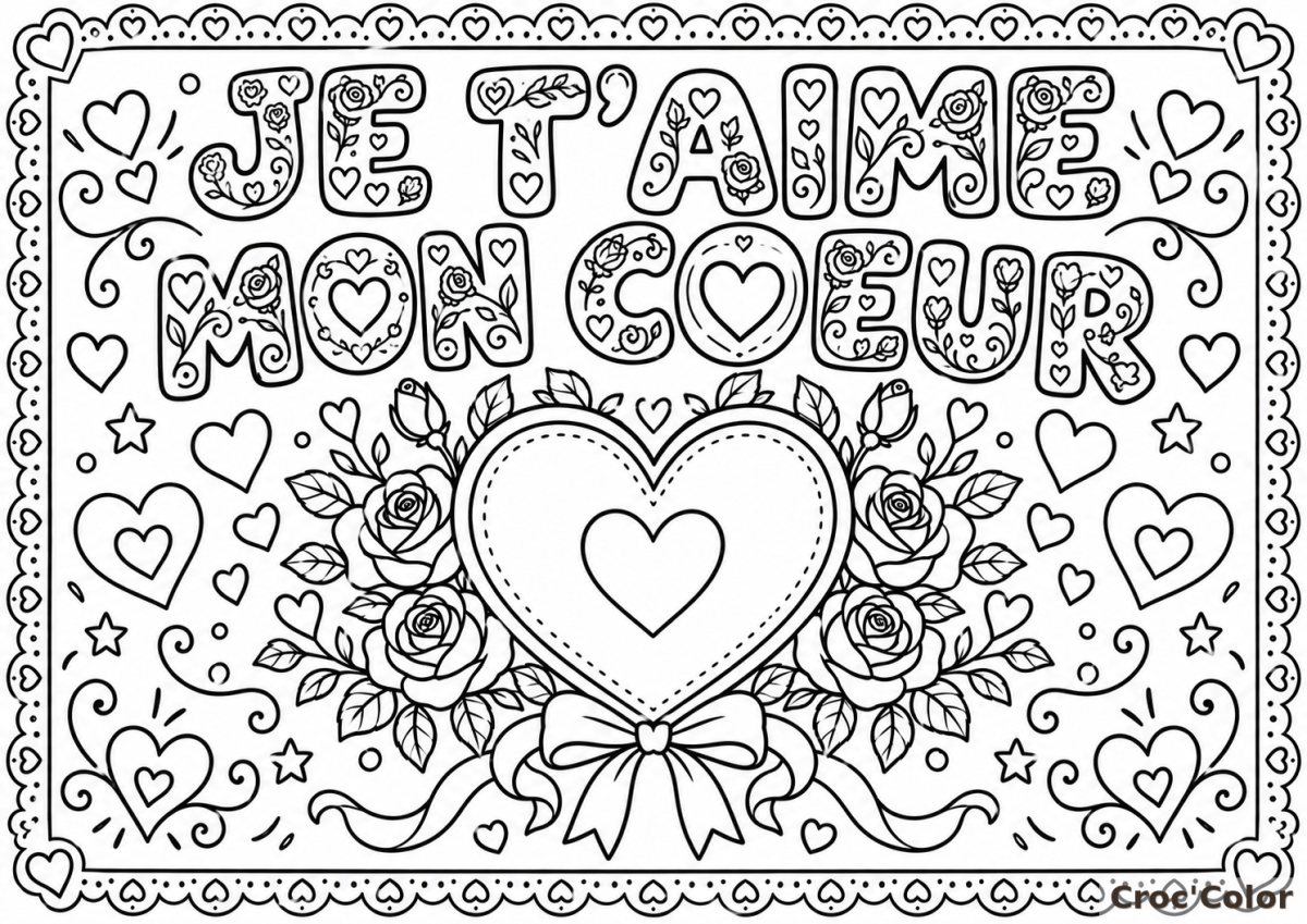 Coloriage JE T'AIME MON CŒUR Saint-Valentin - Dessin Carte d'Amour, Cadre Dentelé, Roses, Nœud et Cœurs à Imprimer Gratuit