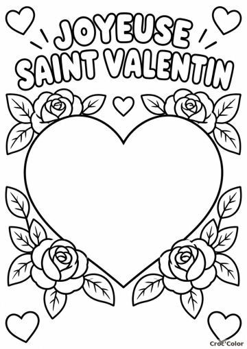 Coloriage Joyeuse Saint-Valentin Facile - Dessin Grand Cœur, Roses Épanouies et Petits Cœurs à Imprimer Gratuit