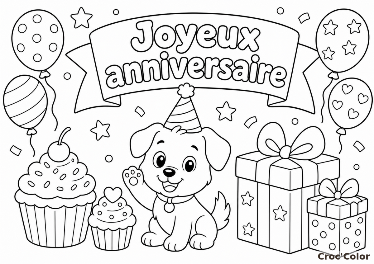 Coloriage Joyeux Anniversaire Facile Maternelle - Dessin Chien avec Cadeaux et Ballons à Imprimer Gratuit